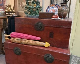 Beautiful Chinese Antique Trunks with hand stitched leather