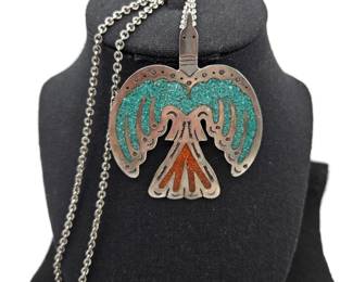  VTG Navajo SS Turquoise Coral Peyote Bird Pendant