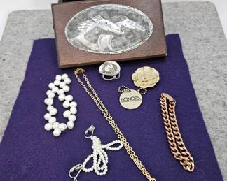  Wooden Box With Hand-tooled Aluminum Top Filled With Costume Jewelry