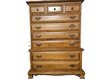 Vintage Solid Wood Highboy Dresser Featuring Seven Drawers And Brass Hardware