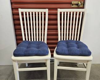 Pier One Imports: Set Of Two Cream Colored Solid Wood Chairs With Blue Cushions