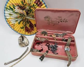 Vintage Jewelry Box Filled With Treasures. Includes1950s Walt Disney Cinderella US Time Watc