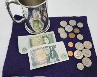  Miscellaneous Foreign & Domestic Money. Including Pewter Stein Made In England