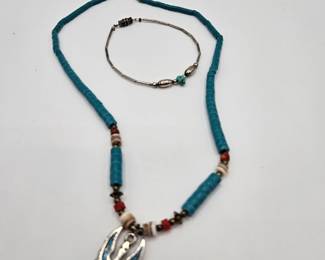  Navajo Style Necklace & Bracelet With What Appears To Be Turquoise, Coral & Heishi Beads