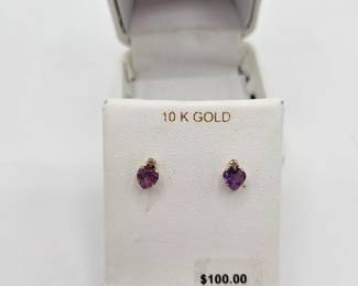 NIB 10kt Gold Ladies Post Amethyst/cZ Earrings