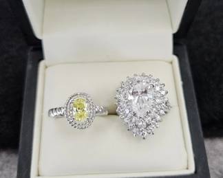  2 Ladies Cocktail Rings. One Pear-shaped Halo Design Marked 925 CZ