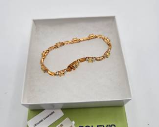 Striking 24kt Over Sterling Silver Bracelet With Genuine Diamonds & Opal Looking Stones