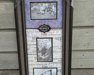 New - 3 Photo Collage Frame Features A "family" Title And Dark Wood Trim With Intricate Detailing