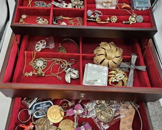 Cherry Finished Jewelry Box Filled With Vintage Pins, Costume Jewelry, Mementos And More!