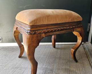  Vintage Walnut Or Mahogany Queen Anne Style Footstool With Carved Legs & A Suede Cushioned Seat