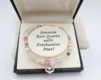  NIB Ladies Sterling Silver Rose Quartz With Freshwater Pearl Bracelet