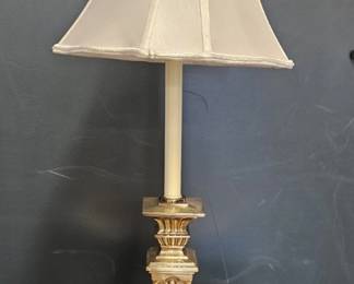 Stiffel Table Lamp With Traditional Candle-stick Style Brass Base & Fabric White Shade