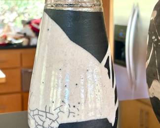 Abstract Pottery Vase with metallic ringed tapered neck