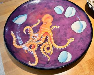Decorative Ceramic Plate with orange octopus surrounded by sea shell motifs