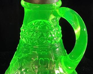 ANTIQUE URANIUM GLASS WILDFLOWER SYRUP PITCHER, METAL TOP