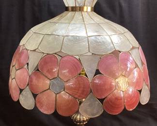 SET OF 3 VTG. TIFFANY STYLE PINK & IVORY CAPIZ SHELL LAMPS, BRONZE BASE, 2 TABLE LAMPS & 1 FLOOR LAMP LAMPS ARE IN GOOD WORKING CONDITION NO SHIPPING PICKUP ONLY