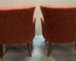 PAIR OF VTG. NAPOLEON III STYLE ARMCHAIRS, MAHOGANY TRIM, TUFTED DAMASK FABRIC NO SHIPPING PICKUP ONLY