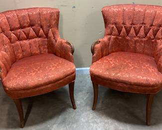 PAIR OF VTG. NAPOLEON III STYLE ARMCHAIRS, MAHOGANY TRIM, TUFTED DAMASK FABRIC NO SHIPPING PICKUP ONLY