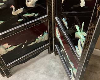 VTG. ASIAN BLACK LAQUER INLAID SOAPSTONE & MOTHER OF PEARL, 4 PANEL FOLDING SCREEN ROOM DIVIDER BLACK PAINT IS CHIPPED ON THE EDGES/BACK SIDE NO SHIPPING PICKUP ONLY