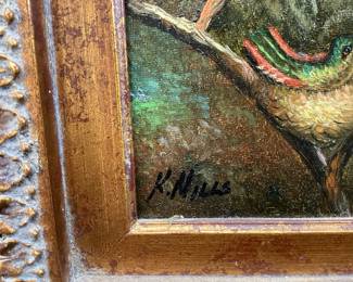 PAIR OF 20th CENTURY SIGNED K.MILLS BIRD OIL PAINTINGS, DECORATIVE FRAMES NO SHIPPING PICKUP ONLY