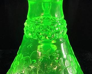 ANTIQUE URANIUM GLASS WILDFLOWER SYRUP PITCHER, METAL TOP