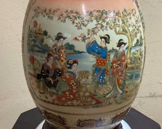 LARGE VTG. JAPANESE SATSUMA STYLE HAND PAINTED DECORATIVE EGG ON A CHINESE CARVED ROSEWOOD PEDESTAL STAND w MARBLE INSERT NO SHIPPING PICKUP ONLY