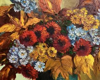 20th CENTURY SIGNED FRANK LEAN OIL ON CANVAS FLORAL STILL LIFE PAINTING, FRAMED NO SHIPPING PICKUP ONLY
