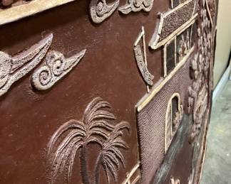 LARGE CARVED WOODEN ASAIN SCENE MOTIF WALL ART NO SHIPPING PICKUP ONLY