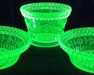 (3) ANTIQUE ADAMS & CO WILDFLOWER URANIUM GLASS CANDY BOWLS