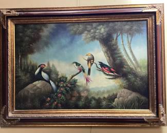 IRA MONTE STYLE BIRDS LANDSCAPE PAINTING, FRAMED NO SHIPPING PICKUP ONLY
