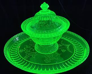 (2) ANTIQUE ADAMâ€™S & CO URANIUM GLASS TRAY & LIDDED CANDY JAR, WILDFLOWER PATTERN