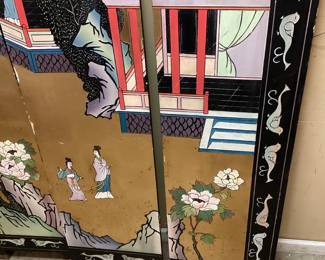 VTG. ASIAN BLACK LAQUER & GOLD COROMANDEL 4 PANEL FOLDING SCREEN ROOM DIVIDER, INTRICATE GEISHA, FLORAL, & CRANE DESIGN PAINT CHIP/SCUFFS, MISSING THE PINS FOR THE HINGES NO SHIPPING PICKUP ONLY