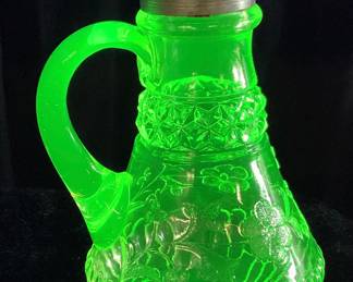 ANTIQUE URANIUM GLASS WILDFLOWER SYRUP PITCHER, METAL TOP