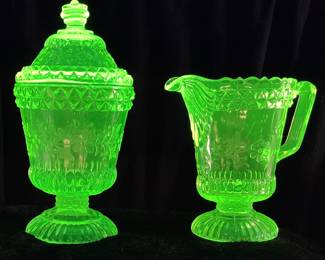 (2) ANTIQUE URANIUM GLASS WILDFLOWER DISHES LIDDED CANDY DISH & CREAMER