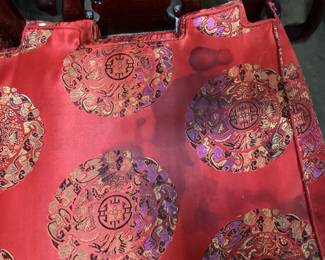 TRADITIONAL ROSEWOOD PEARL INLAY DINING SET, GLASS TOP, 8 CHIPPENDALE STYLE CHAIRS, STAINING ON THE CHAIR CUSHIONS, LEGS ON THE TABLE ARE LOOSE NO SHIPPING PICKUP ONLY