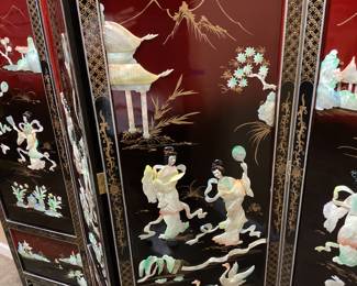 VTG. ASIAN BLACK LACQUER INLAID SOAPSTONE & MOTHER OF PEARL, 4 PANEL FOLDING SCREEN ROOM DIVIDER SOME CHIPS/SCUFFS TO THE BLACK PAINT NO SHIPPING PICKUP ONLY