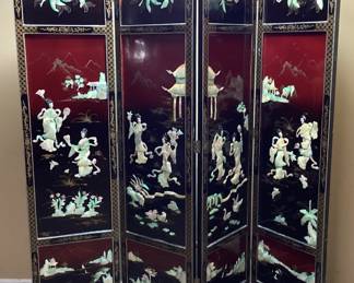 VTG. ASIAN BLACK LAQUER INLAID SOAPSTONE & MOTHER OF PEARL, 4 PANEL FOLDING SCREEN ROOM DIVIDER BLACK PAINT IS CHIPPED ON THE EDGES/BACK SIDE NO SHIPPING PICKUP ONLY