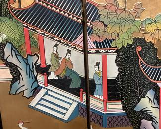 VTG. ASIAN BLACK LAQUER & GOLD COROMANDEL 4 PANEL FOLDING SCREEN ROOM DIVIDER, INTRICATE GEISHA, FLORAL, & CRANE DESIGN PAINT CHIP/SCUFFS, MISSING THE PINS FOR THE HINGES NO SHIPPING PICKUP ONLY
