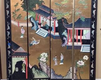 VTG. ASIAN BLACK LAQUER & GOLD COROMANDEL 4 PANEL FOLDING SCREEN ROOM DIVIDER, INTRICATE GEISHA, FLORAL, & CRANE DESIGN PAINT CHIP/SCUFFS, MISSING THE PINS FOR THE HINGES NO SHIPPING PICKUP ONLY