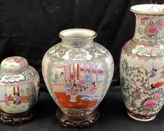 (3) CHINESE FAMILLE ROSE PORCELAIN VASES & GINGER JAR, WITH WOOD BASES, TALLEST VASE IS 12.5in H & MARKED ANDREA SADEK NO SHIPPING PICKUP ONLY