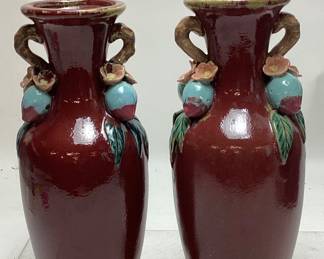 PAIR OF CHINESE FALMBÃ‰ STYLE RED PORCELAIN VASES 14.75in H NO SHIPPING PICKUP ONLY