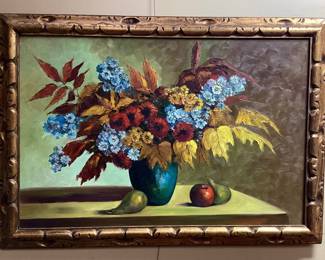 20th CENTURY SIGNED FRANK LEAN OIL ON CANVAS FLORAL STILL LIFE PAINTING, FRAMED NO SHIPPING PICKUP ONLY
