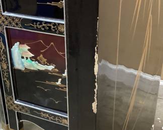 VTG. ASIAN BLACK LACQUER INLAID SOAPSTONE & MOTHER OF PEARL, 4 PANEL FOLDING SCREEN ROOM DIVIDER SOME CHIPS/SCUFFS TO THE BLACK PAINT NO SHIPPING PICKUP ONLY