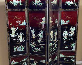 VTG. ASIAN BLACK LACQUER INLAID SOAPSTONE & MOTHER OF PEARL, 4 PANEL FOLDING SCREEN ROOM DIVIDER SOME CHIPS/SCUFFS TO THE BLACK PAINT NO SHIPPING PICKUP ONLY