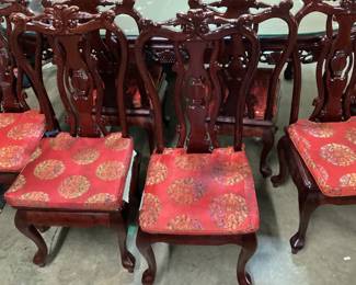 TRADITIONAL ROSEWOOD PEARL INLAY DINING SET, GLASS TOP, 8 CHIPPENDALE STYLE CHAIRS, STAINING ON THE CHAIR CUSHIONS, LEGS ON THE TABLE ARE LOOSE NO SHIPPING PICKUP ONLY