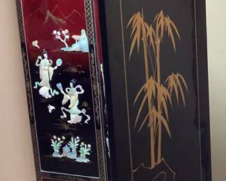 VTG. ASIAN BLACK LACQUER INLAID SOAPSTONE & MOTHER OF PEARL, 4 PANEL FOLDING SCREEN ROOM DIVIDER SOME CHIPS/SCUFFS TO THE BLACK PAINT NO SHIPPING PICKUP ONLY