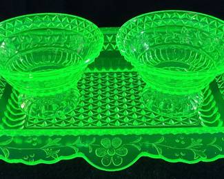 (3) ANTIQUE ADAMâ€™S & CO WILDFLOWER URANIUM GLASS CANDY BOWLS & RECTANGULAR TRAY