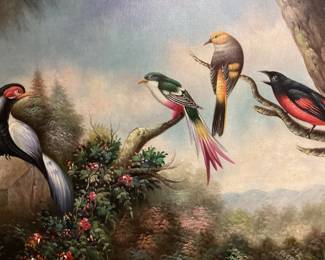 IRA MONTE STYLE BIRDS LANDSCAPE PAINTING, FRAMED NO SHIPPING PICKUP ONLY