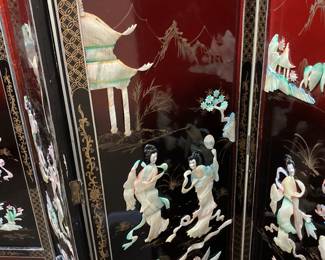 VTG. ASIAN BLACK LAQUER INLAID SOAPSTONE & MOTHER OF PEARL, 4 PANEL FOLDING SCREEN ROOM DIVIDER BLACK PAINT IS CHIPPED ON THE EDGES/BACK SIDE NO SHIPPING PICKUP ONLY
