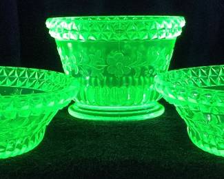 (3) ANTIQUE ADAMS & CO WILDFLOWER URANIUM GLASS CANDY BOWLS